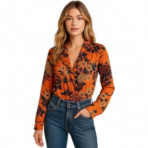 ZARA Rust Floral Satin Snap Bodysuit M | Silky Wrap Blouse Top | Desk To Drinks
